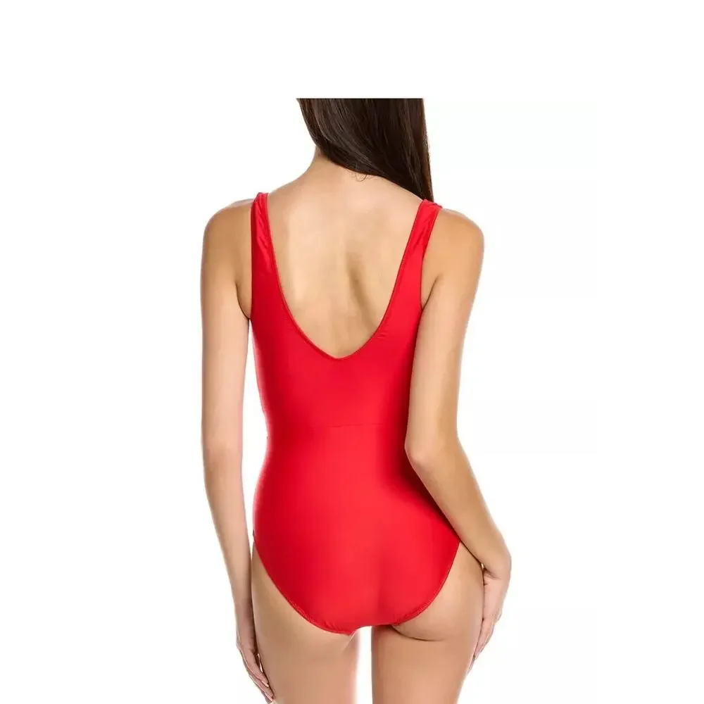 NWT Hermoza Pink and Red Color Block V-Neck One Piece Swimsuit Size 14